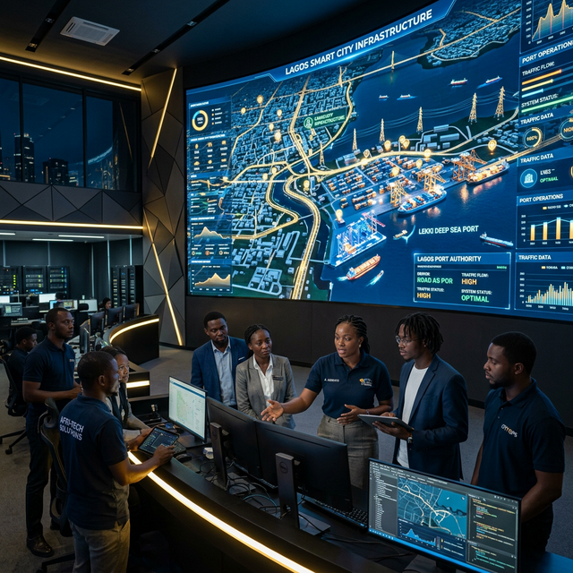 Engineers monitoring a glowing 3D digital twin simulation of city infrastructure