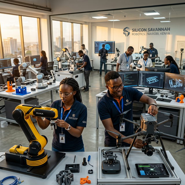 African engineers in a high-tech robotics laboratory