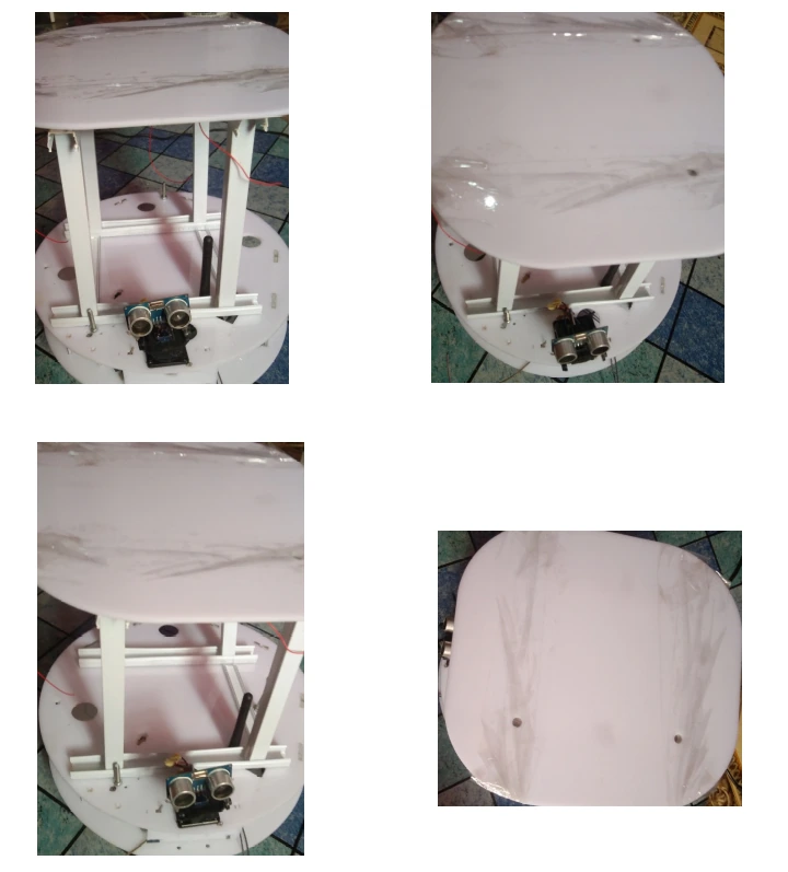 The assembled serving robot: two circular decks on posts, with an ultrasonic sensor mounted on the lower deck